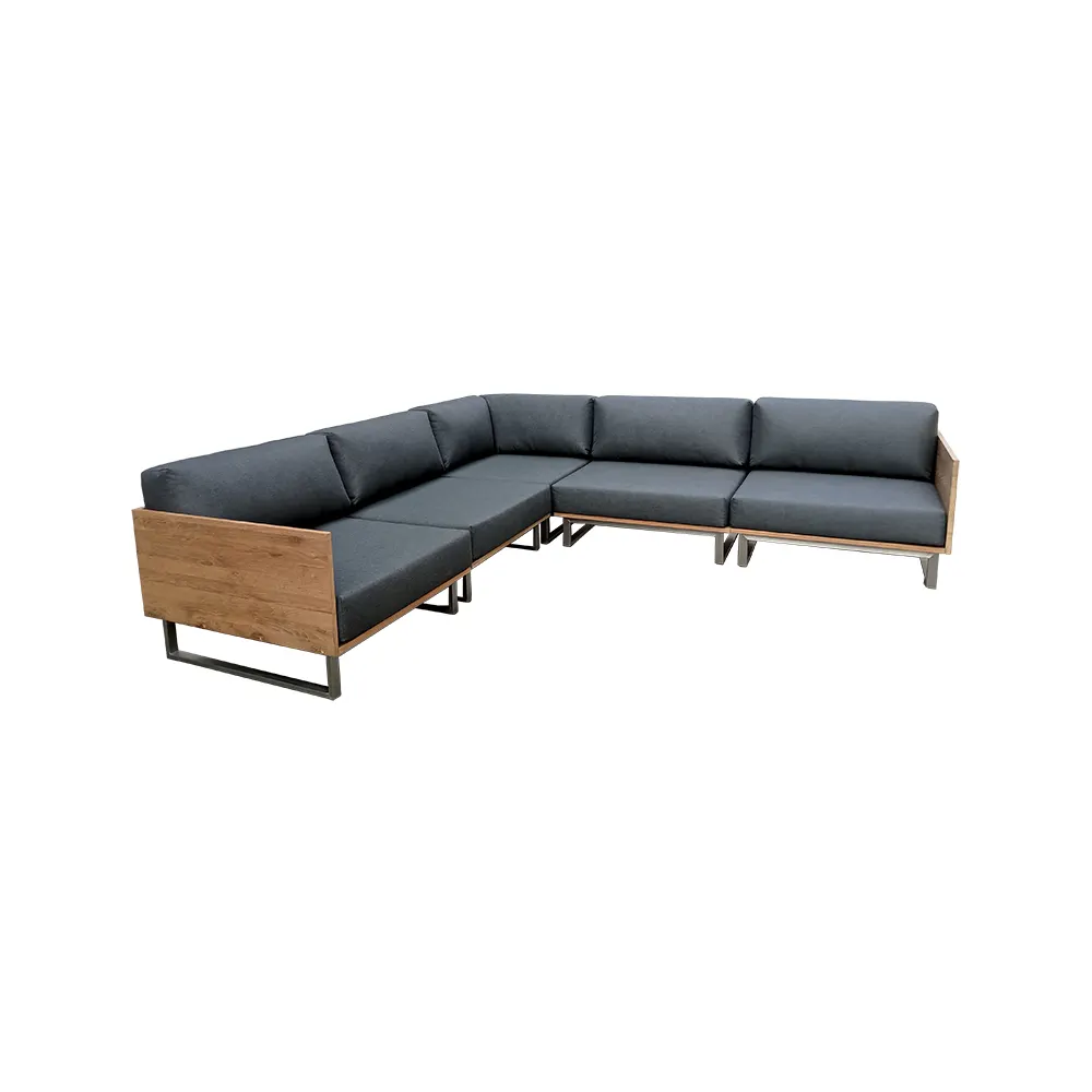 TEAK / STAINLESS STEEL SOFA WITH CUSHIONS IN U.V. FROSTED BLACK