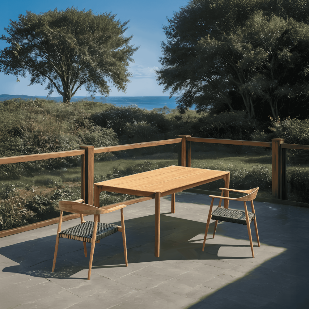 GT-2786-300-3 + GA-2812-0 / TEAK RECTANGULAR TABLE AND TEAK STACKING ARMCHAR WITH ROPE (BLACK)