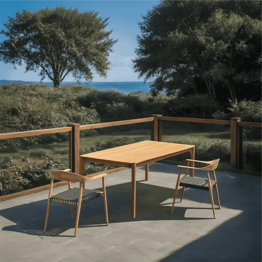 GT-2786-300-3 + GA-2812-0 / TEAK RECTANGULAR TABLE AND TEAK STACKING ARMCHAR WITH ROPE (BLACK)