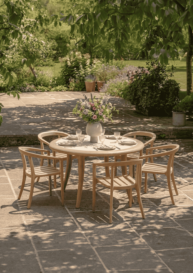 GT-2823-160 + GA-2821-0 / TEAK STONE ROUND TABLE WITH LAZY SUSAN AND TEAK STACKING ARMCHAIR