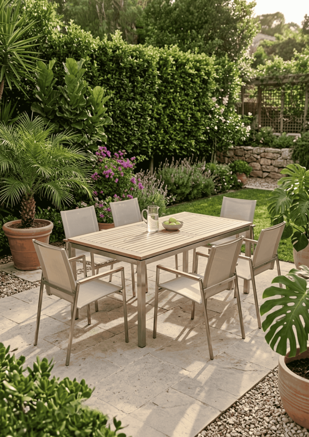GT-2138-0-EP + GA-2480-TEX-EP / TEAK STAINLESS STEEL RECTANGULAR TABLE EXTENSION TABLE AND TEAK STAINLESS STEEL STACKING ARMCHAIR
