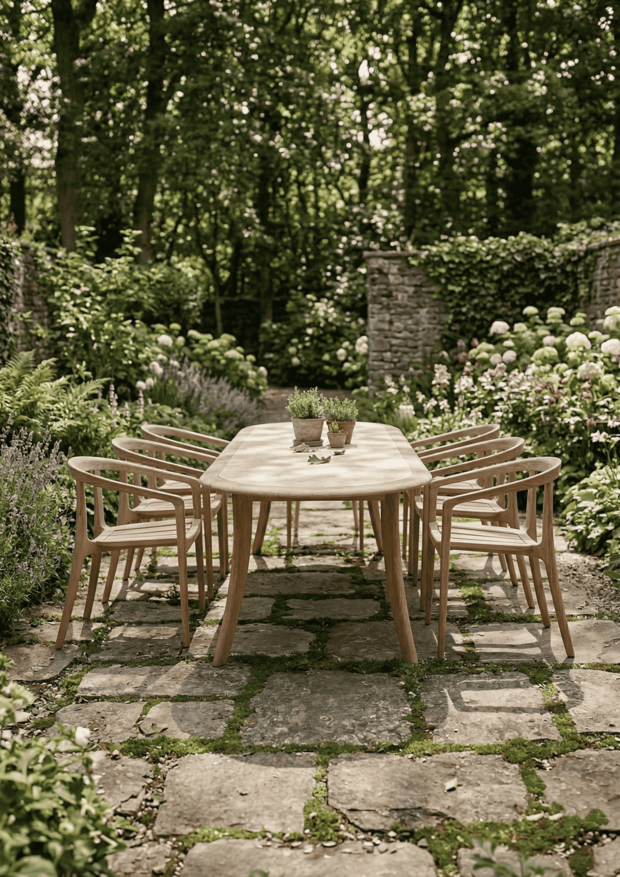 GT-2823-3010 + GA-2821-0 / TEAK STONE OVEL TABLE AND TEAK STACKING ARMCHAIR